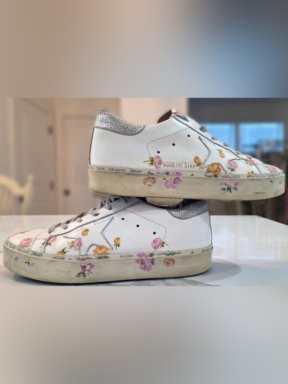 Golden Goose Hi Star White Leather Sneakers custom Floral hand painted size 7.5